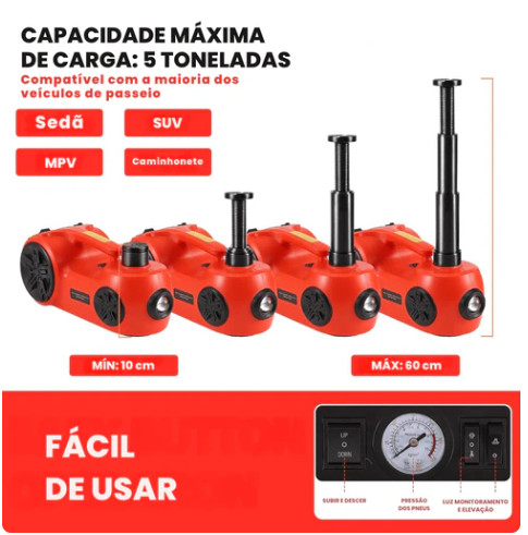 Kit de Macaco Eletrônico Multifuncional 3 em 1 com Chave de Impacto, Compreensor de Ar e Luz LED- LIFTFORCE 5 Toneladas 12V